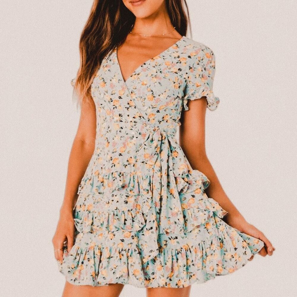 Lulus Feeling Butterflies Light Blue Floral Tiered Ruffle Mini Dress Cottage Sm